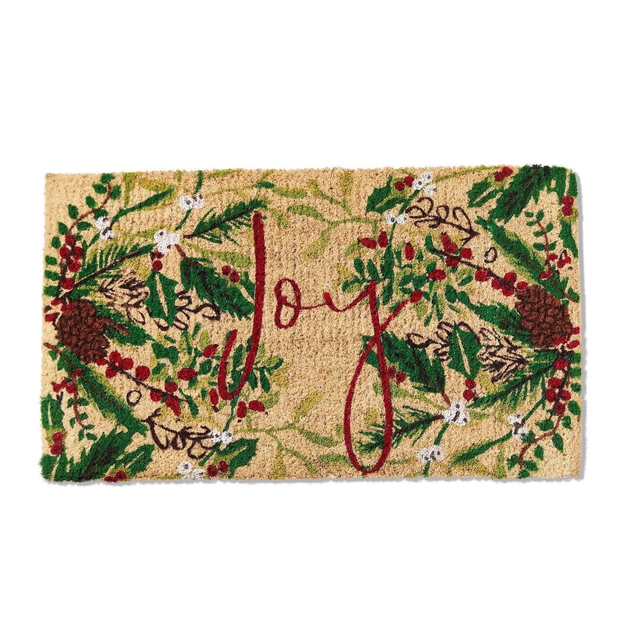 1'6" x 2'6" Red Joy Sprig Sentiment Holly Rectangle Indoor Outdoor Coir Door Welcome Mat Multicolored on Beige Background